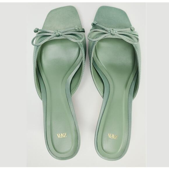 ZARA Open Toe Heels NWT | Green Bow Detail Square Toe - Picture 16 of 16